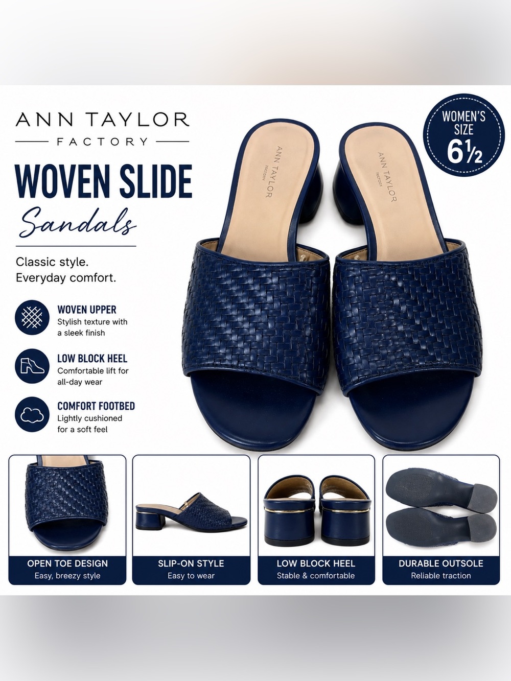 Ann Taylor Navy Woven Slide Sandals 6.5
